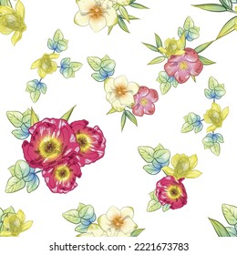 Abstract seamless pattern with plants, herbs and flowers, botanical illustration.