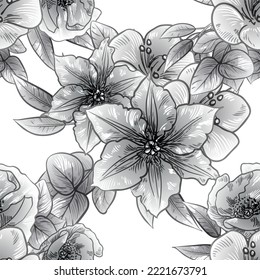 Abstract seamless pattern with plants, herbs and flowers, botanical illustration.