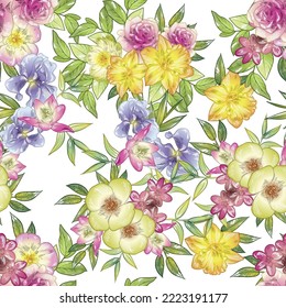 Abstract seamless pattern with plants, herbs and flowers, botanical illustration.
