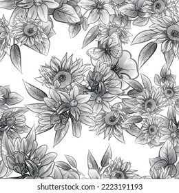 Abstract seamless pattern with plants, herbs and flowers, botanical illustration.