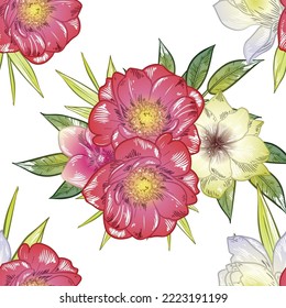 Abstract seamless pattern with plants, herbs and flowers, botanical illustration.