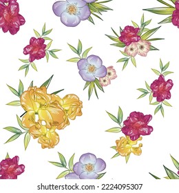 Abstract seamless pattern with plants, herbs and flowers, botanical illustration.