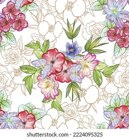 Abstract seamless pattern with plants, herbs and flowers, botanical illustration.