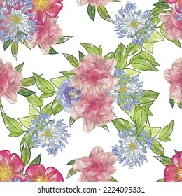 Abstract seamless pattern with plants, herbs and flowers, botanical illustration.