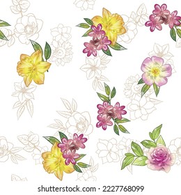 Abstract seamless pattern with plants, herbs and flowers, botanical illustration.