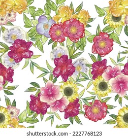 Abstract seamless pattern with plants, herbs and flowers, botanical illustration.