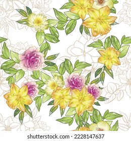 Abstract seamless pattern with plants, herbs and flowers, botanical illustration.