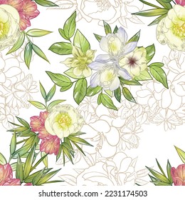 Abstract seamless pattern with plants, herbs and flowers, botanical illustration.