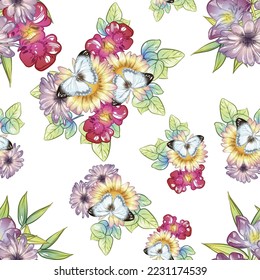 Abstract seamless pattern with plants, herbs and flowers, botanical illustration.