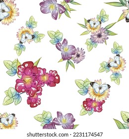 Abstract seamless pattern with plants, herbs and flowers, botanical illustration.