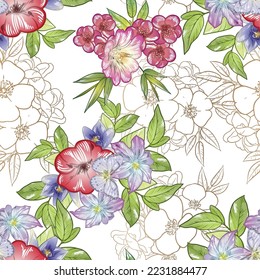 Abstract seamless pattern with plants, herbs and flowers, botanical illustration.