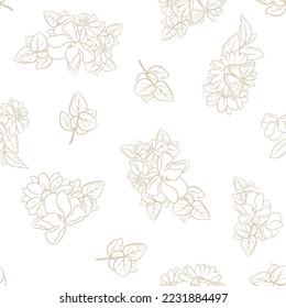 Abstraktes nahtloses Muster mit Pflanzen, Kräutern und Blumen, botanische Illustration.