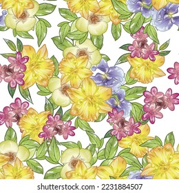 Abstract seamless pattern with plants, herbs and flowers, botanical illustration.