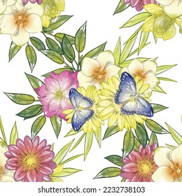 Abstract seamless pattern with plants, herbs and flowers, botanical illustration.
