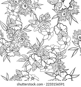 Abstract seamless pattern with plants, herbs and flowers, botanical illustration.