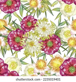 Abstract seamless pattern with plants, herbs and flowers, botanical illustration.