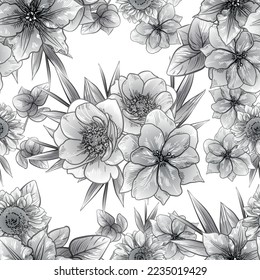 Abstract seamless pattern with plants, herbs and flowers, botanical illustration.