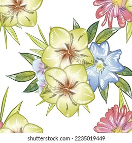 Abstract seamless pattern with plants, herbs and flowers, botanical illustration.