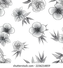 Abstraktes nahtloses Muster mit Pflanzen, Kräutern und Blumen, botanische Illustration.