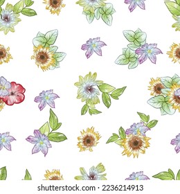 Abstraktes nahtloses Muster mit Pflanzen, Kräutern und Blumen, botanische Illustration.