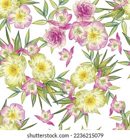 Abstract seamless pattern with plants, herbs and flowers, botanical illustration.