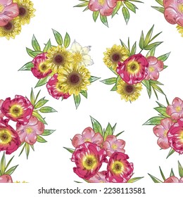 Abstract seamless pattern with plants, herbs and flowers, botanical illustration.
