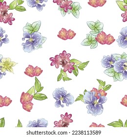 Abstract seamless pattern with plants, herbs and flowers, botanical illustration.