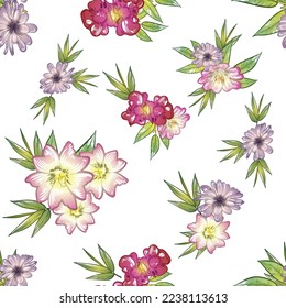 Abstract seamless pattern with plants, herbs and flowers, botanical illustration.