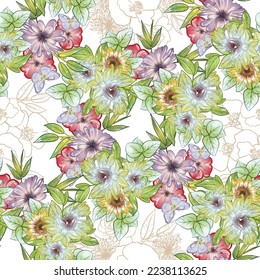 Abstract seamless pattern with plants, herbs and flowers, botanical illustration.