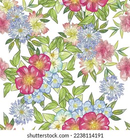 Abstract seamless pattern with plants, herbs and flowers, botanical illustration.