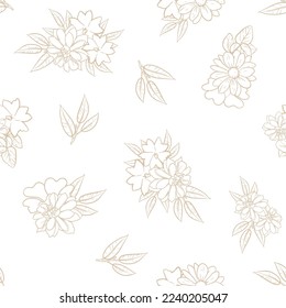 Abstract seamless pattern with plants, herbs and flowers, botanical illustration.