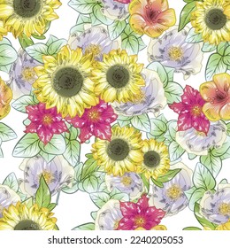 Abstract seamless pattern with plants, herbs and flowers, botanical illustration.