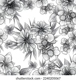Abstract seamless pattern with plants, herbs and flowers, botanical illustration.