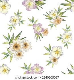 Abstract seamless pattern with plants, herbs and flowers, botanical illustration.