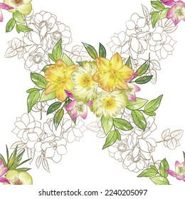 Resumen de patrón sin fisuras con plantas, hierbas y flores, ilustración botánica.