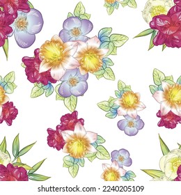 Abstract seamless pattern with plants, herbs and flowers, botanical illustration.