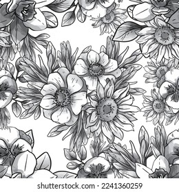 Abstract seamless pattern with plants, herbs and flowers, botanical illustration.