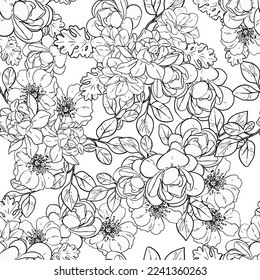 Abstract seamless pattern with plants, herbs and flowers, botanical illustration.