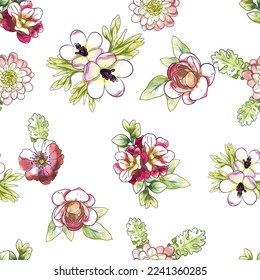Abstract seamless pattern with plants, herbs and flowers, botanical illustration.