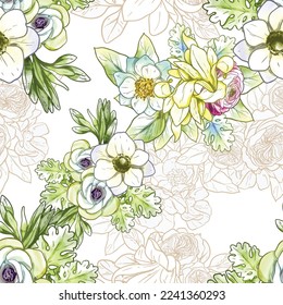 Abstract seamless pattern with plants, herbs and flowers, botanical illustration.