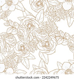 Abstract seamless pattern with plants, herbs and flowers, botanical illustration.