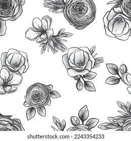 Abstract seamless pattern with plants, herbs and flowers, botanical illustration.
