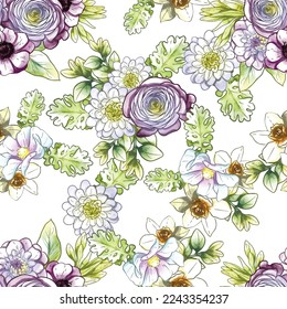 Abstract seamless pattern with plants, herbs and flowers, botanical illustration.