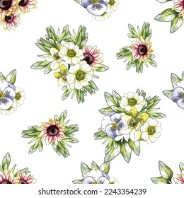 Abstract seamless pattern with plants, herbs and flowers, botanical illustration.
