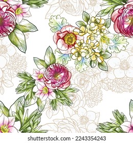 Abstraktes nahtloses Muster mit Pflanzen, Kräutern und Blumen, botanische Illustration.