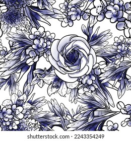 Abstract seamless pattern with plants, herbs and flowers, botanical illustration.