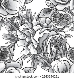 Abstract seamless pattern with plants, herbs and flowers, botanical illustration.