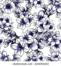 Abstract seamless pattern with plants, herbs and flowers, botanical illustration.