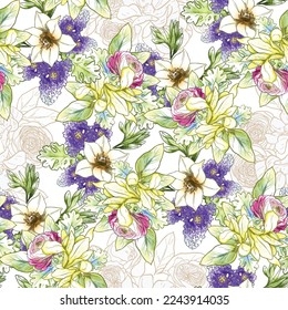 Abstract seamless pattern with plants, herbs and flowers, botanical illustration.