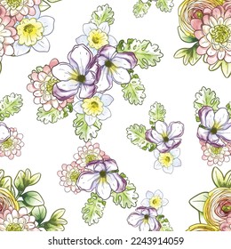 Abstract seamless pattern with plants, herbs and flowers, botanical illustration.